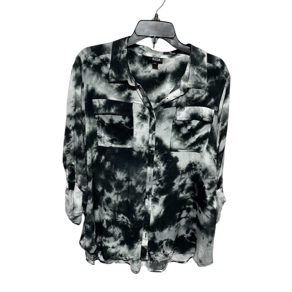 A.N.A WOMENS LONG SLEEVE BUTTON‎ DOWN PETITE BLOUSE TIED DYE BLACK/WHITE PXL